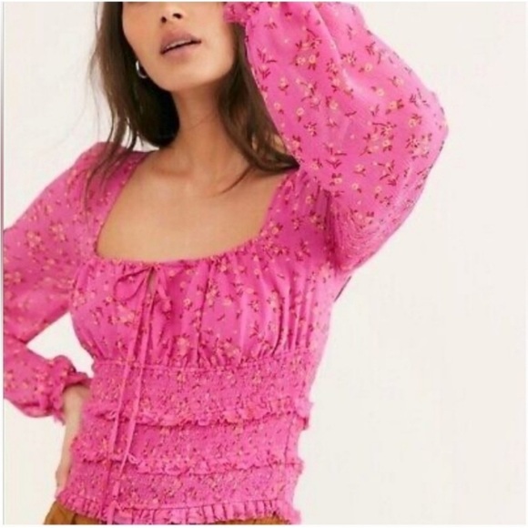 Free People Lolita Smocked Top Floral PINK - SIZE XS - Picture 1 of 9